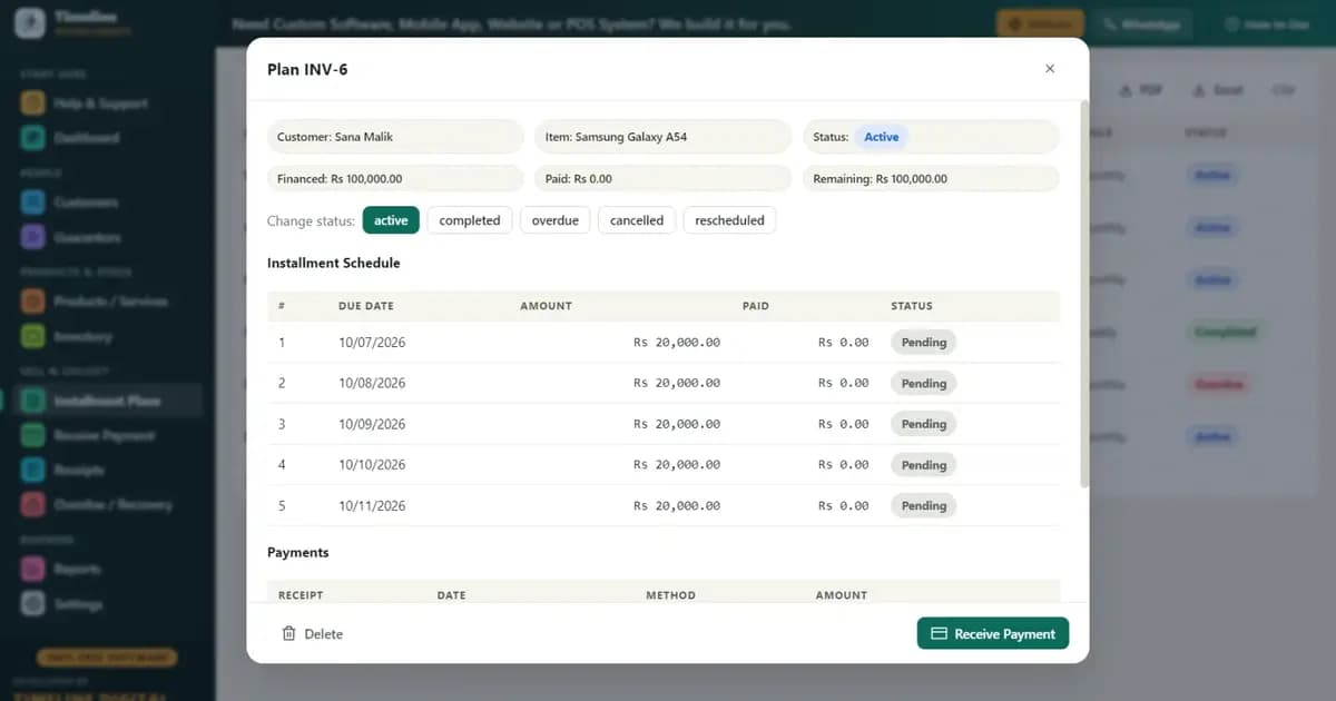 Installment price and profit calculation formulas with worked examples for shops, tracked with free installment software