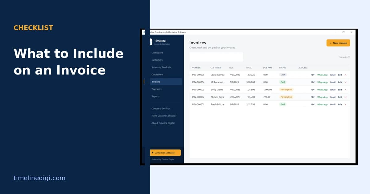 Invoice list with payment status and PDF, WhatsApp and email actions in Timeline Invoice