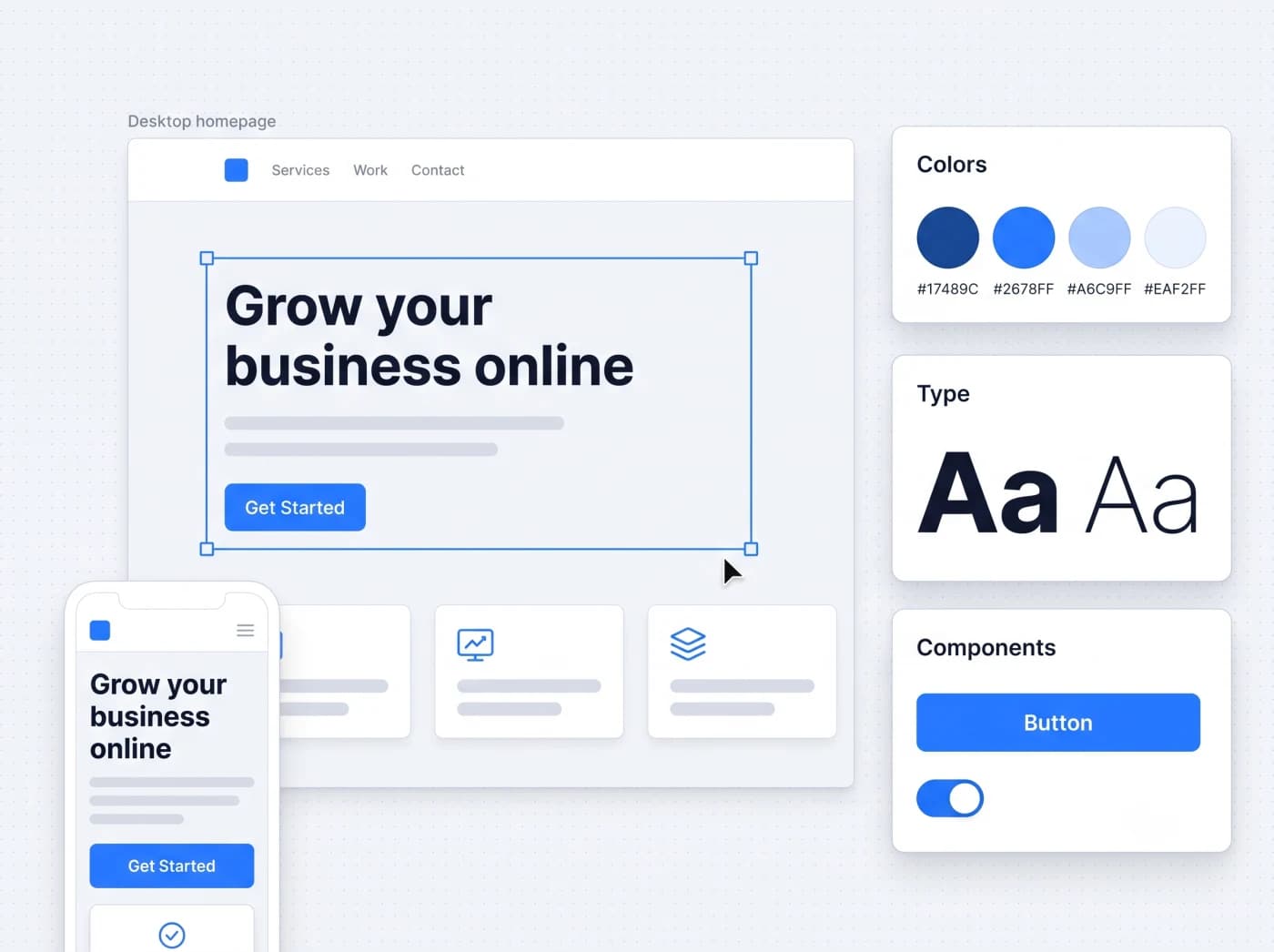 Example website design system with layout, colours and type