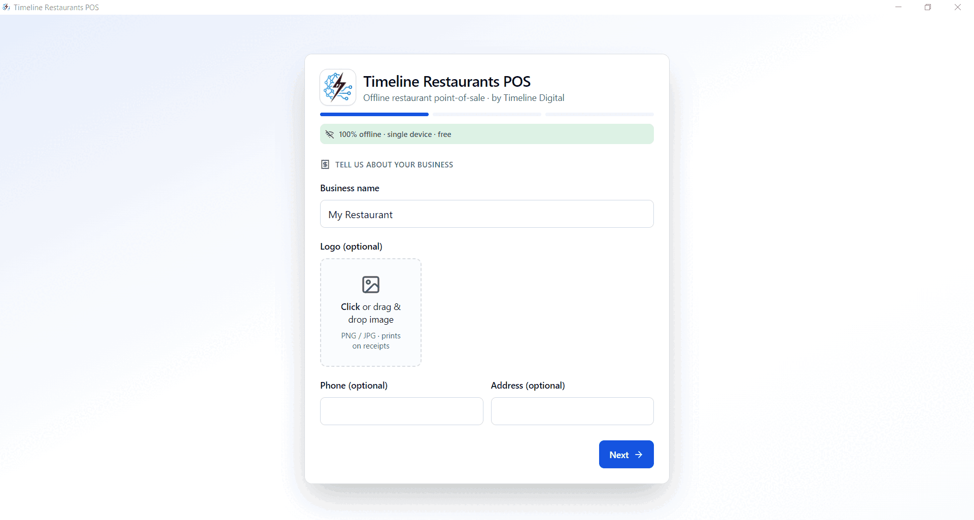 Timeline Restaurants POS first-run setup wizard collecting business name, optional logo, phone and address