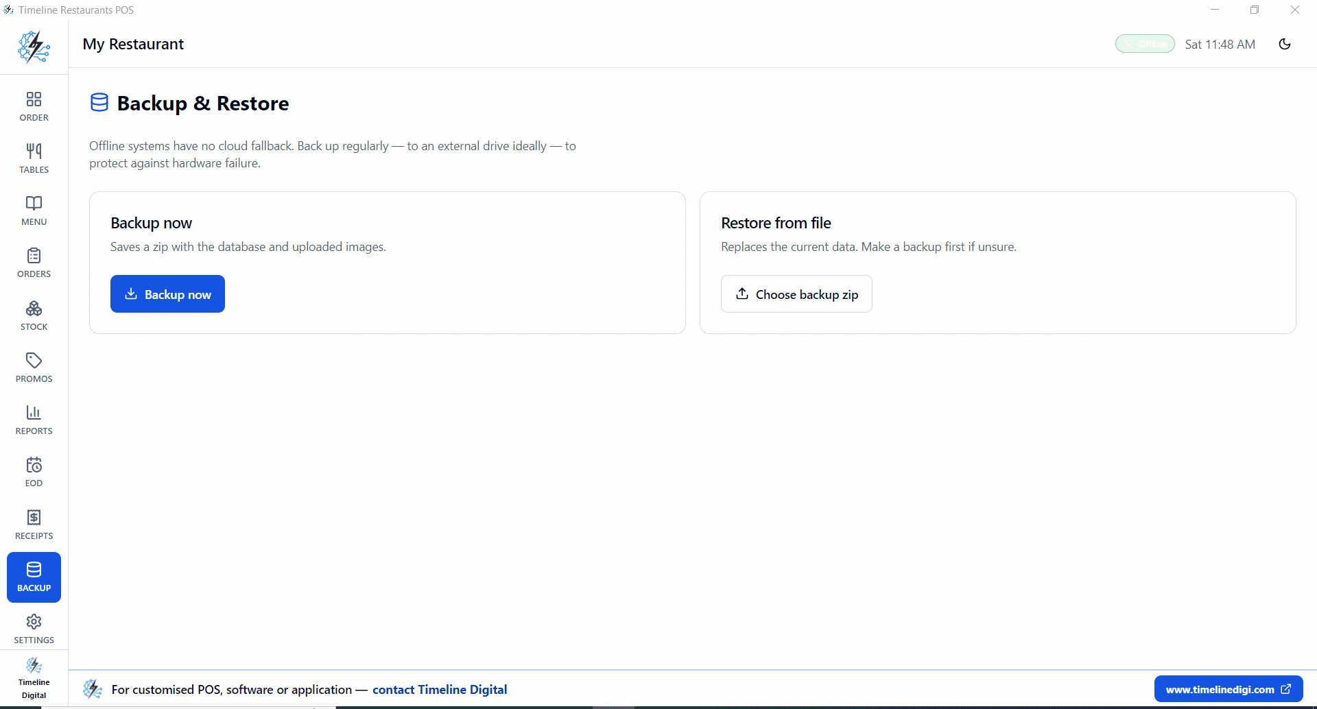 Timeline Restaurants POS backup and restore screen — local zip backup of database and uploaded images