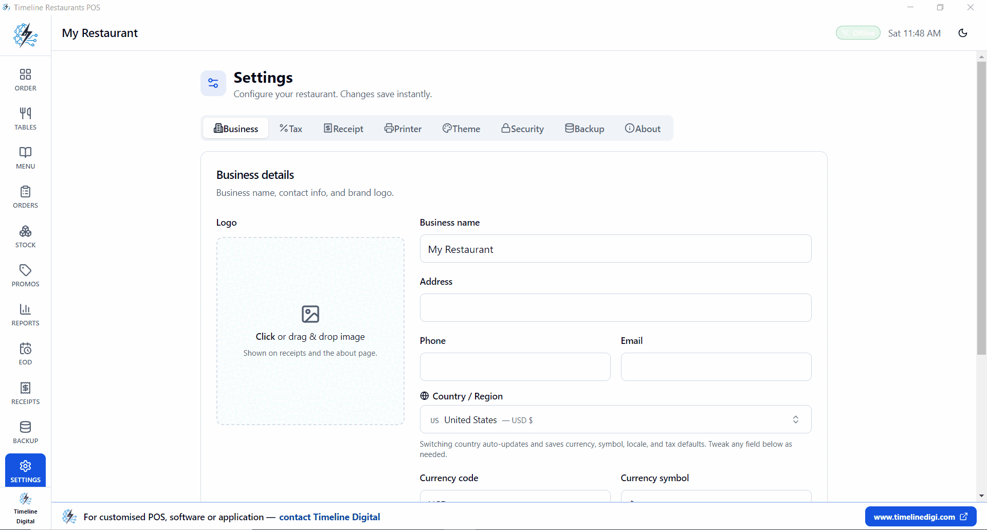 Timeline Restaurants POS settings — business name, logo, address, phone, email, country/region and currency configuration