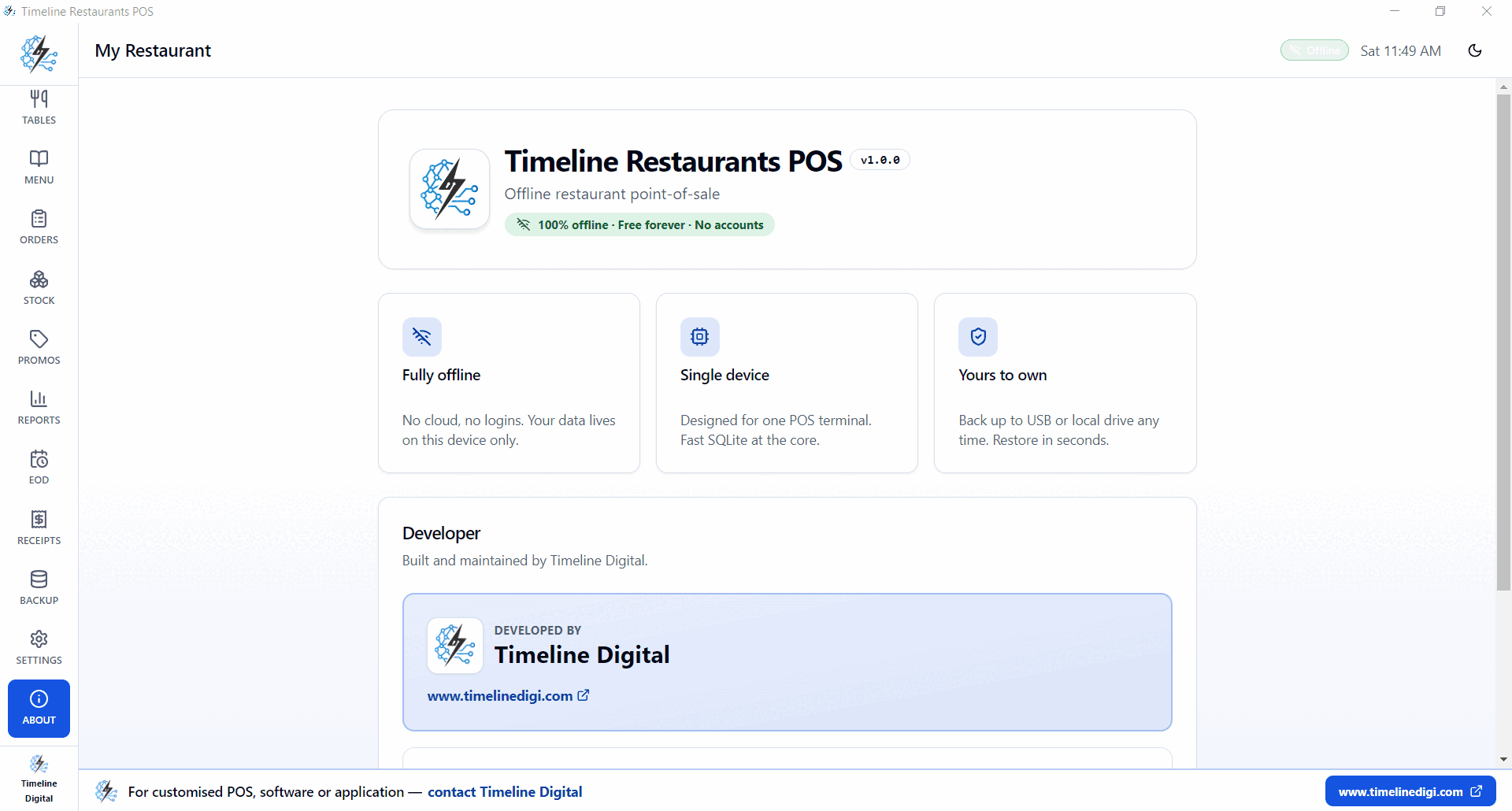 Timeline Restaurants POS About screen with developer card, Fully offline, Single device and Yours to own value tiles