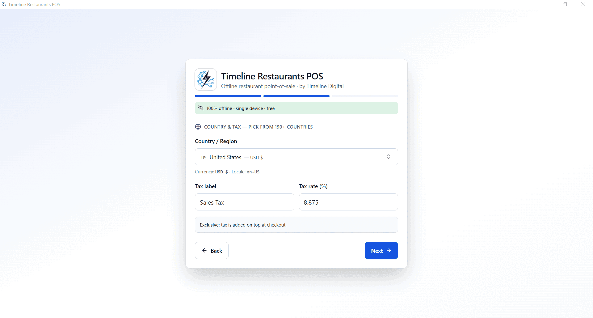 Timeline Restaurants POS tax wizard with United States selected and 8.875% Sales Tax rate configured