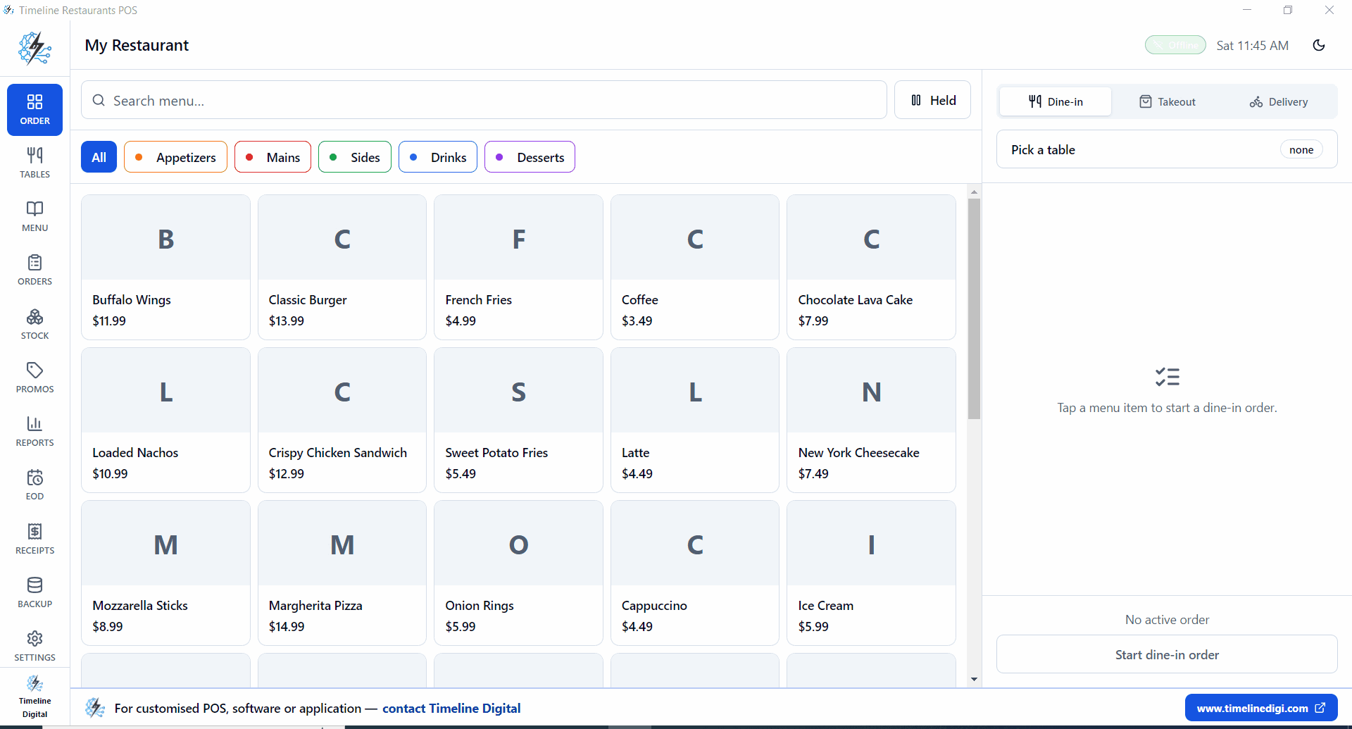 Timeline Restaurants POS order screen with menu grid, Dine-in/Takeout/Delivery tabs, table picker, search and category filters