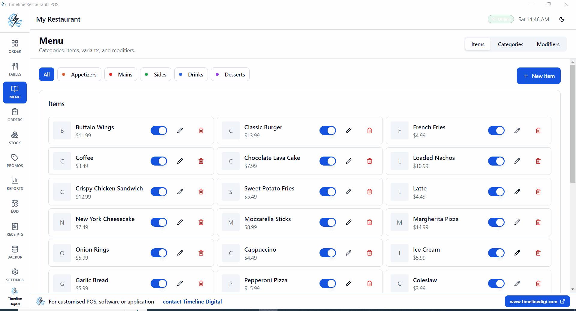 Timeline Restaurants POS menu manager listing items by Appetizers, Mains, Sides, Drinks, Desserts categories with prices