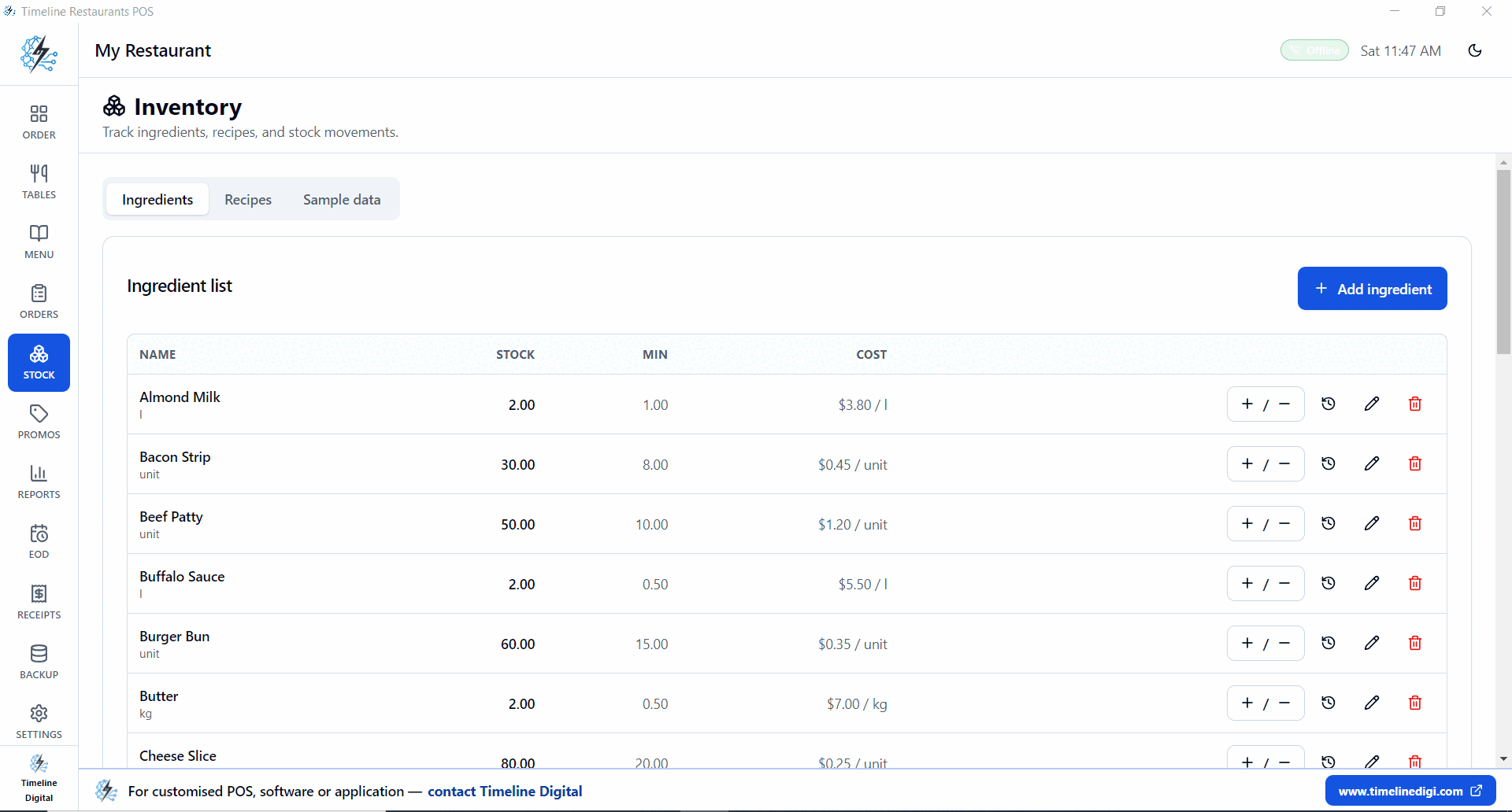 Timeline Restaurants POS inventory ingredient list with stock counts, minimum thresholds and per-unit cost