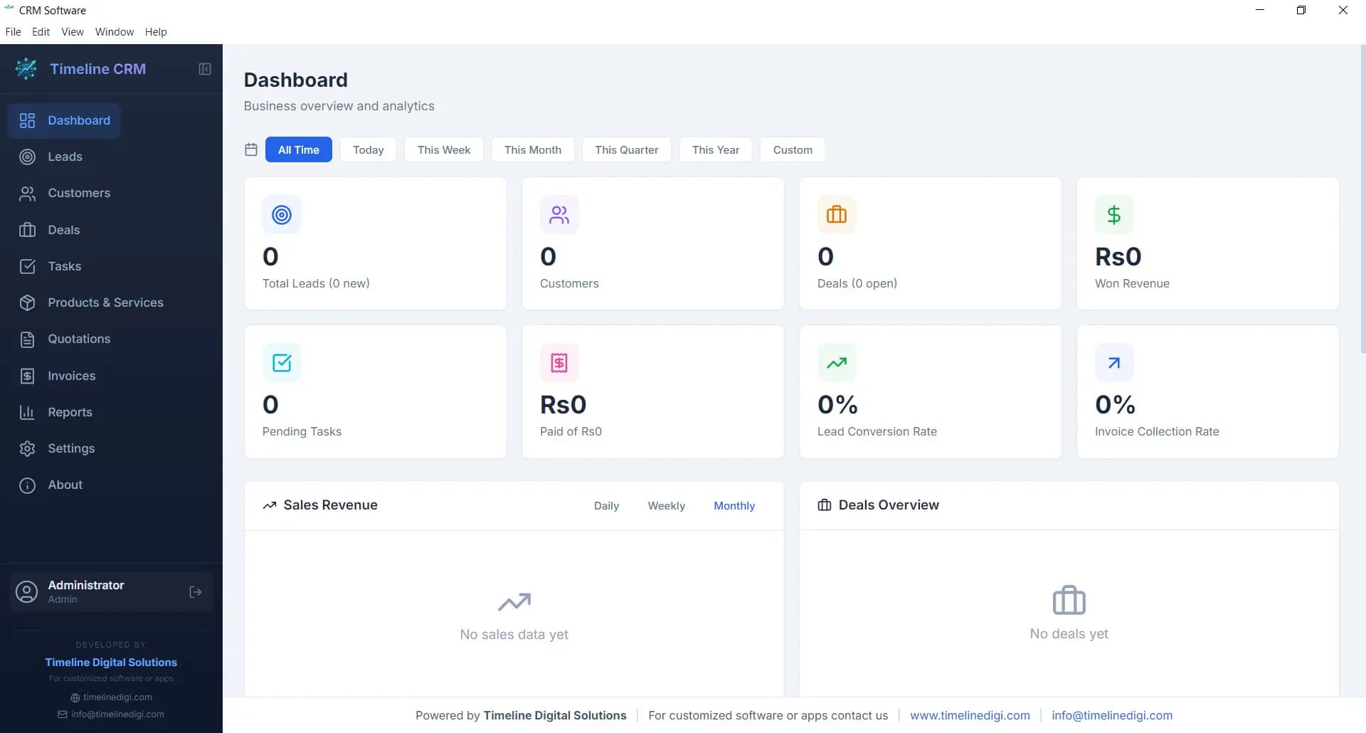 Timeline CRM — free CRM software dashboard showing pipeline, KPIs, and activity feed
