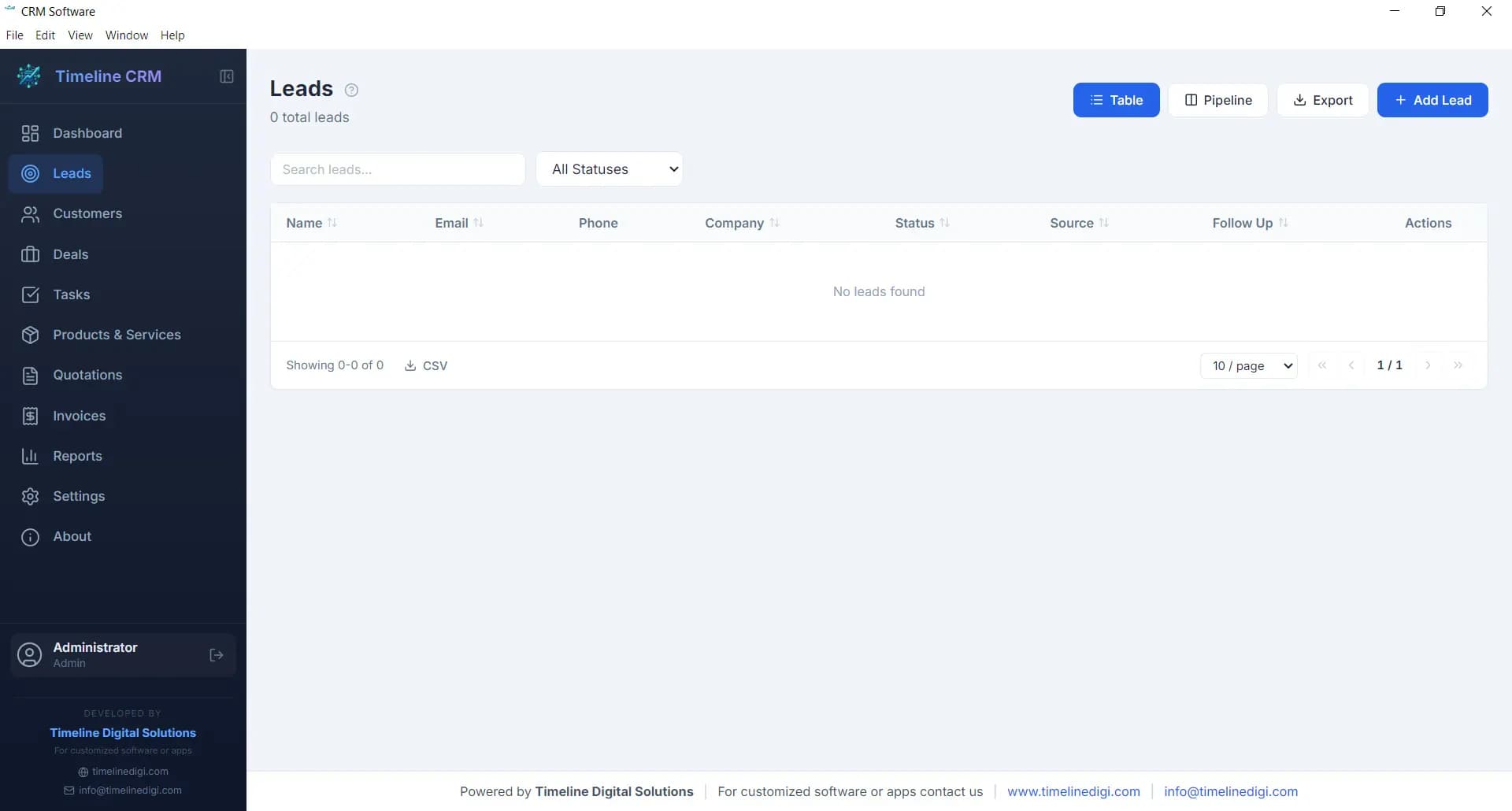 Timeline CRM leads pipeline — free CRM software with 7-stage pipeline management