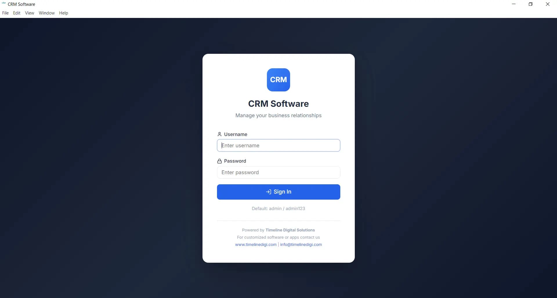 Timeline CRM login screen — free CRM software ready in under 2 minutes on Windows