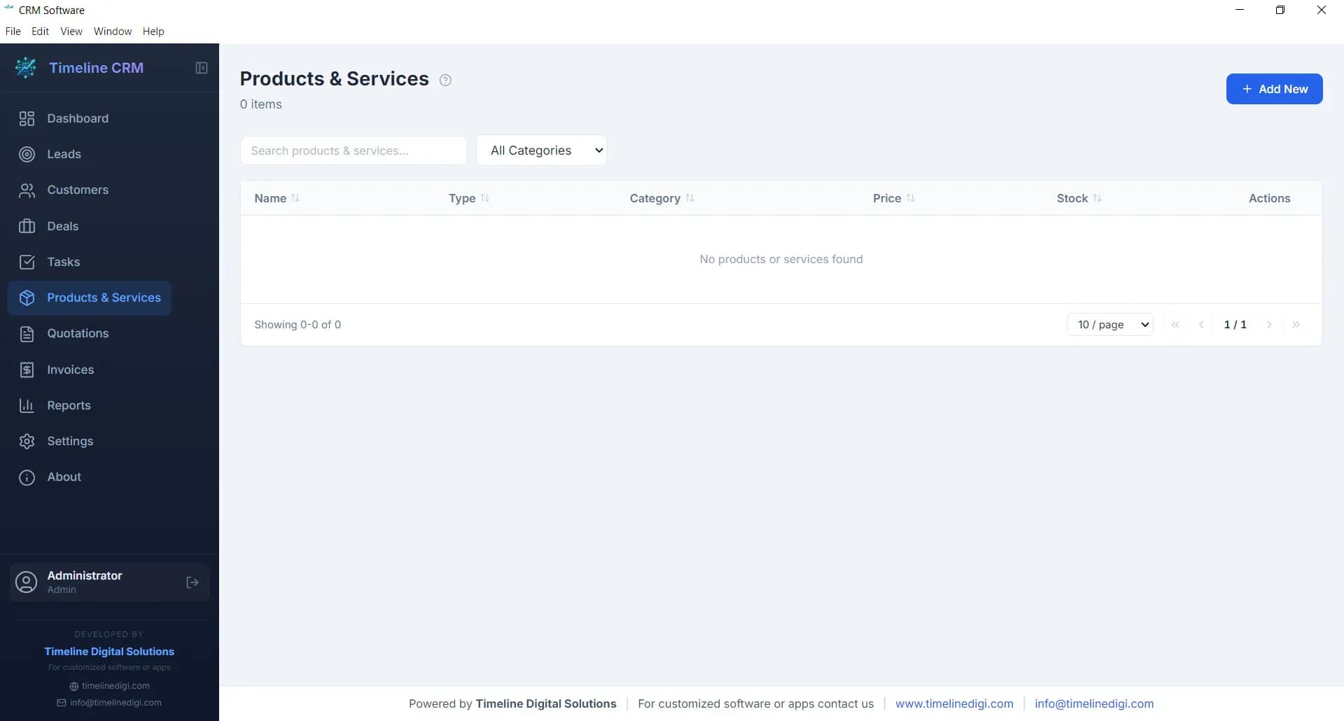 Timeline CRM product catalogue — free CRM software with product management