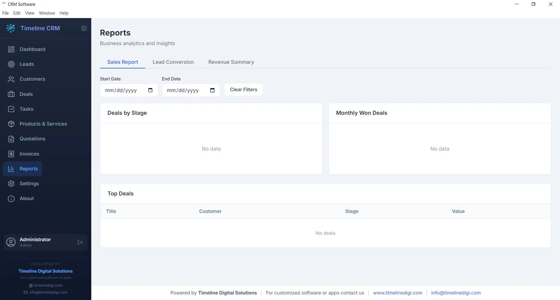 Timeline CRM reports module — free CRM software with sales analytics