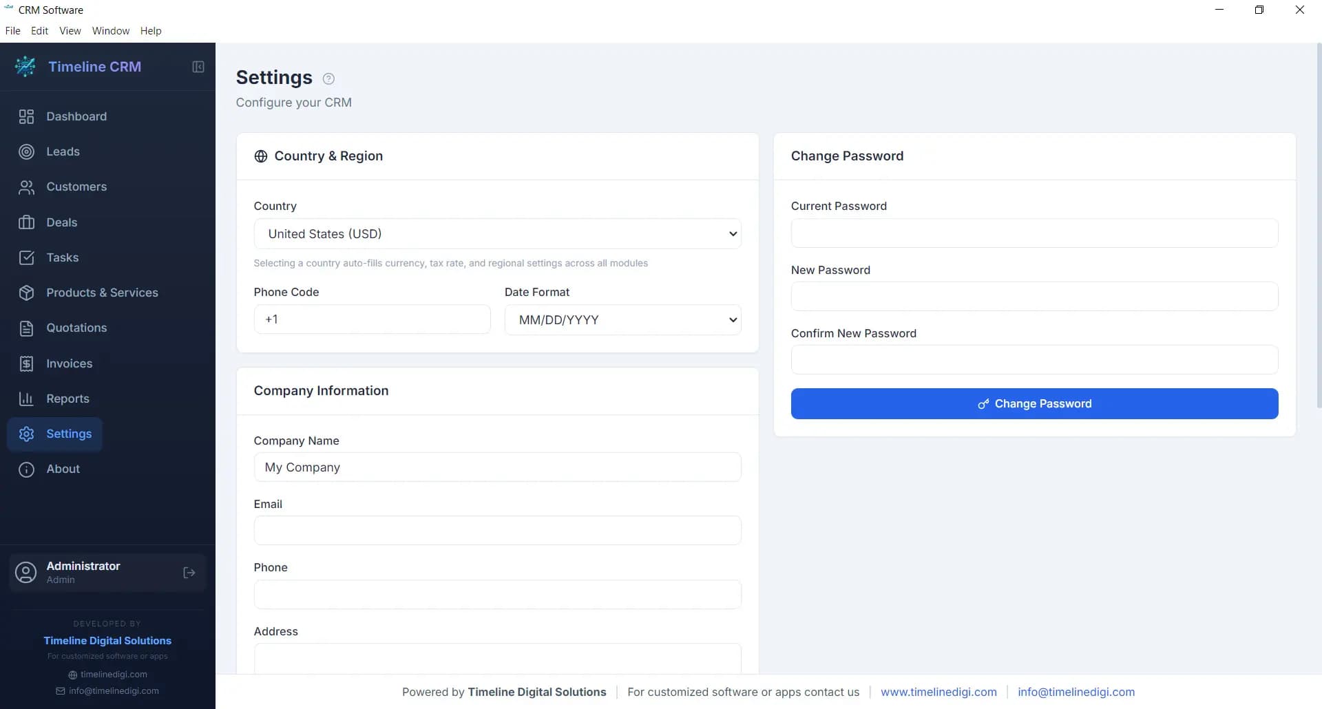 Timeline CRM settings — free CRM software with currency, tax, and branding configuration