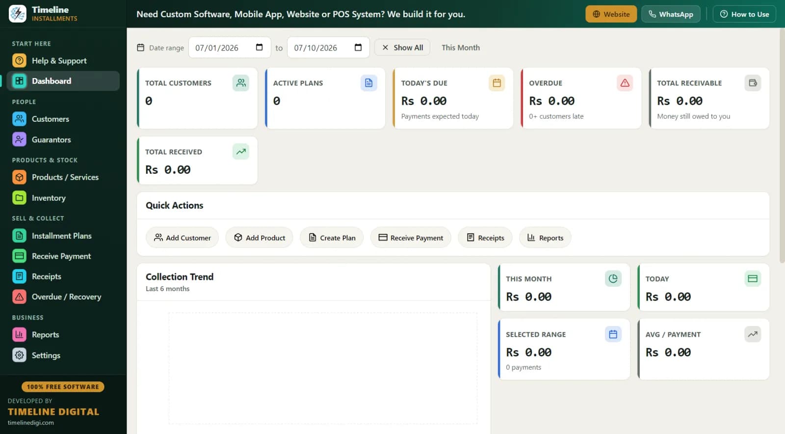 Installment tracking dashboard showing receivables, overdue amount and 6-month collection trend