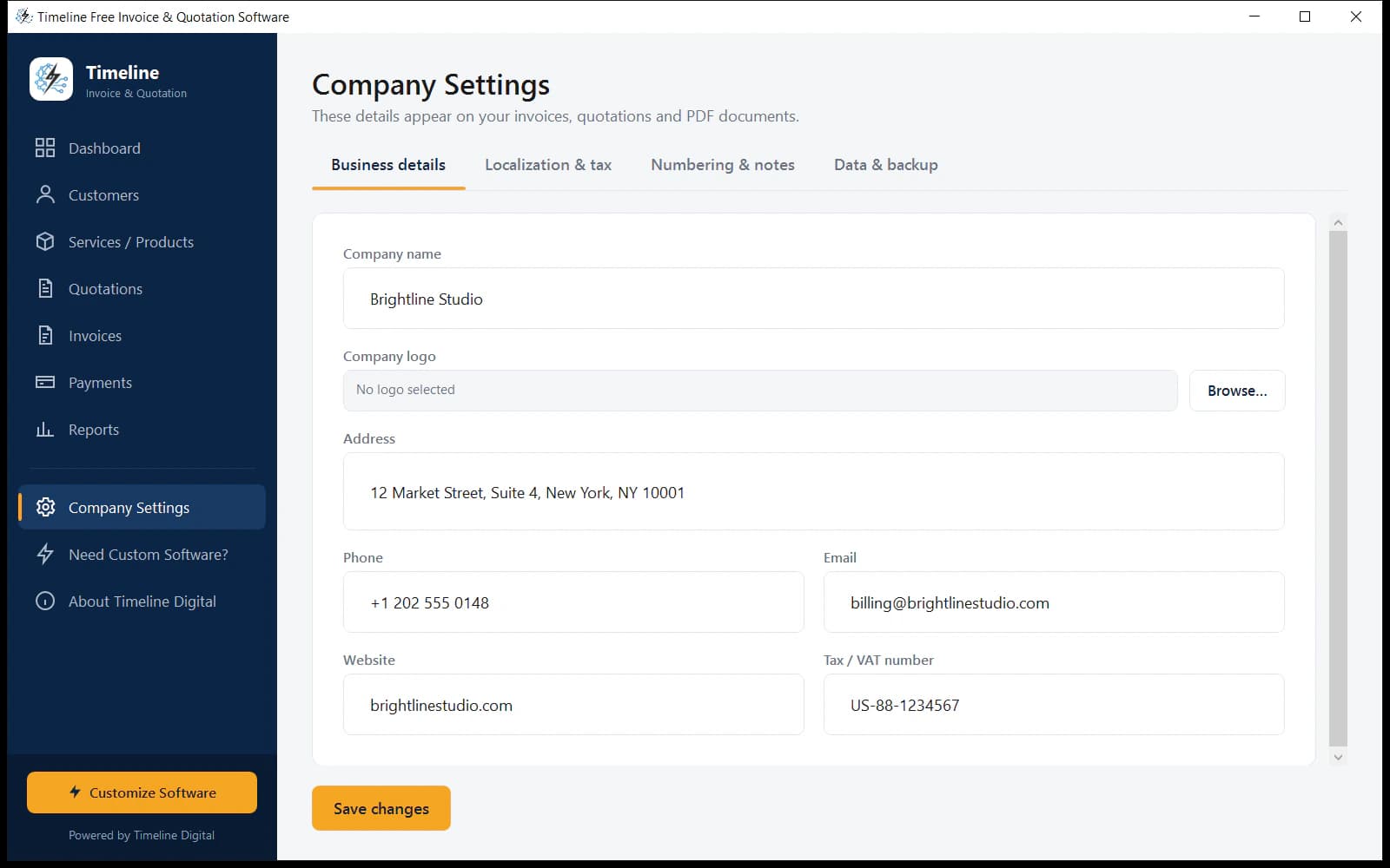 Company settings with searchable country list and automatic currency selection