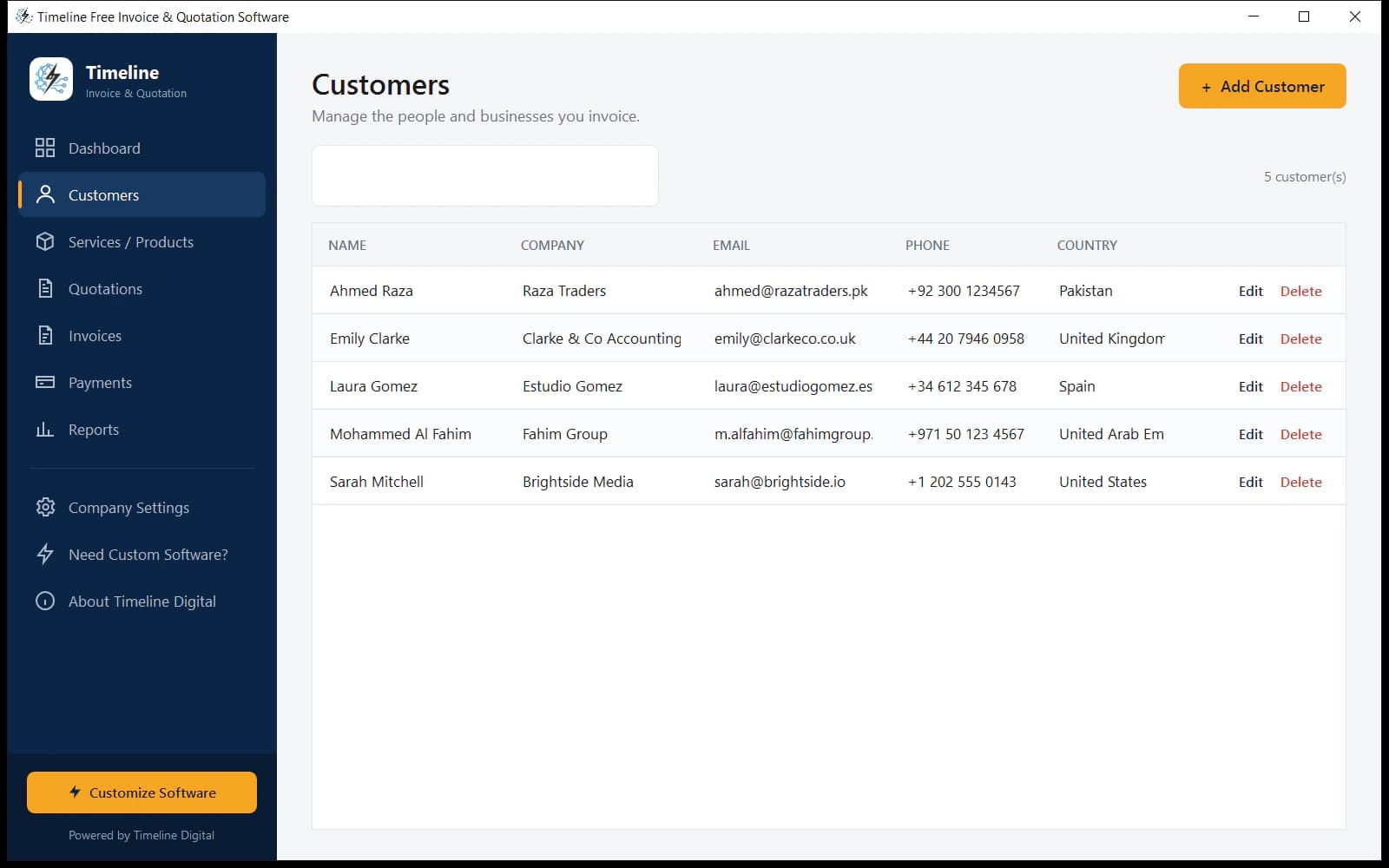 Customer management with search in free invoicing software