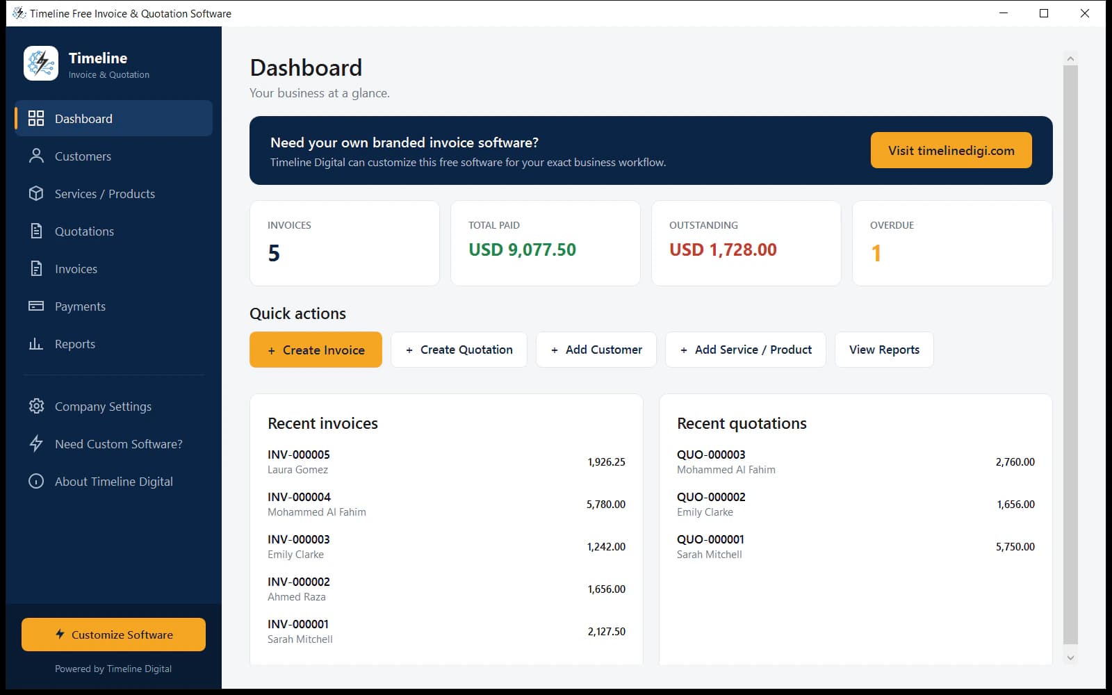 Timeline Invoice dashboard showing invoices, payments and outstanding totals on Windows