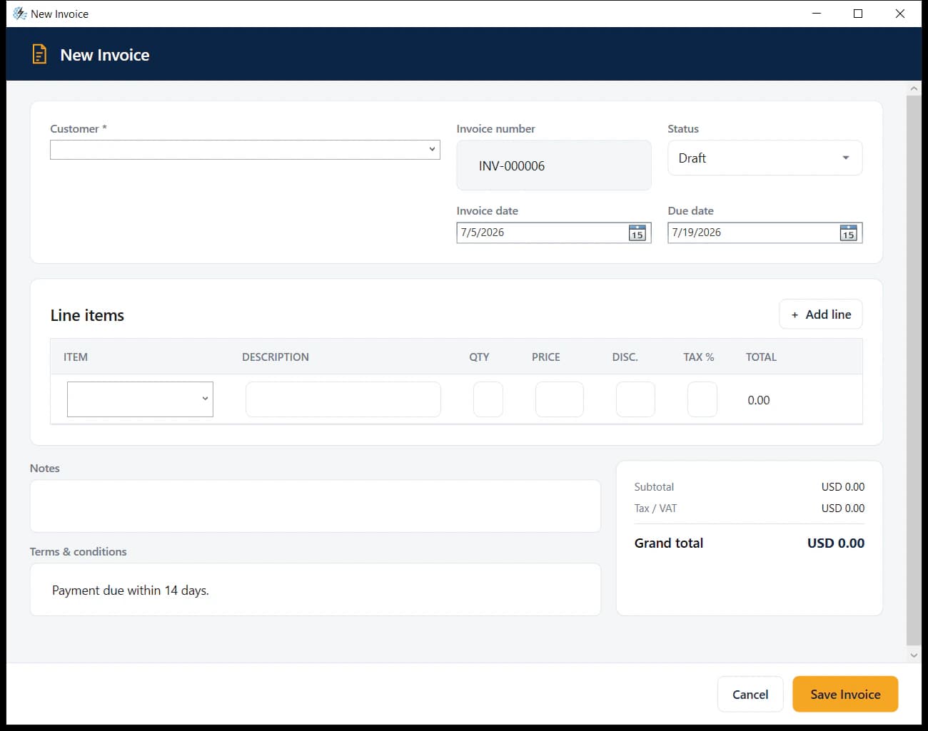 Creating an invoice in free invoice software for Windows with line items and live totals