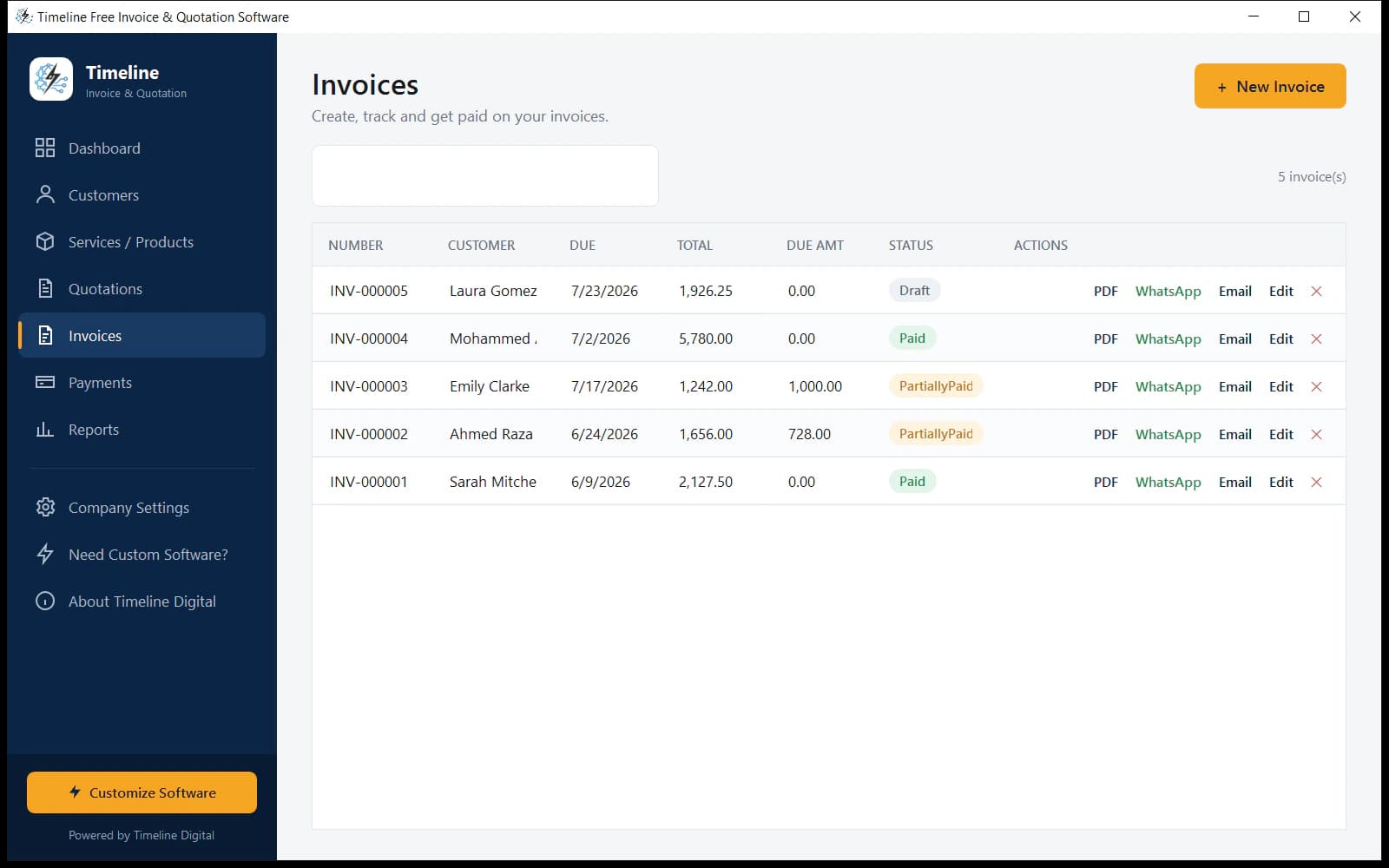 Invoice list with payment status and one-click PDF, WhatsApp and email sharing buttons