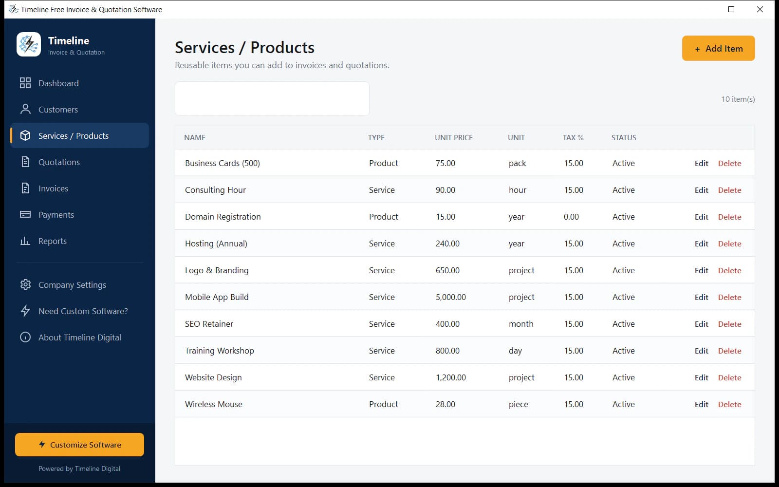 Service and product catalog with prices and tax rates