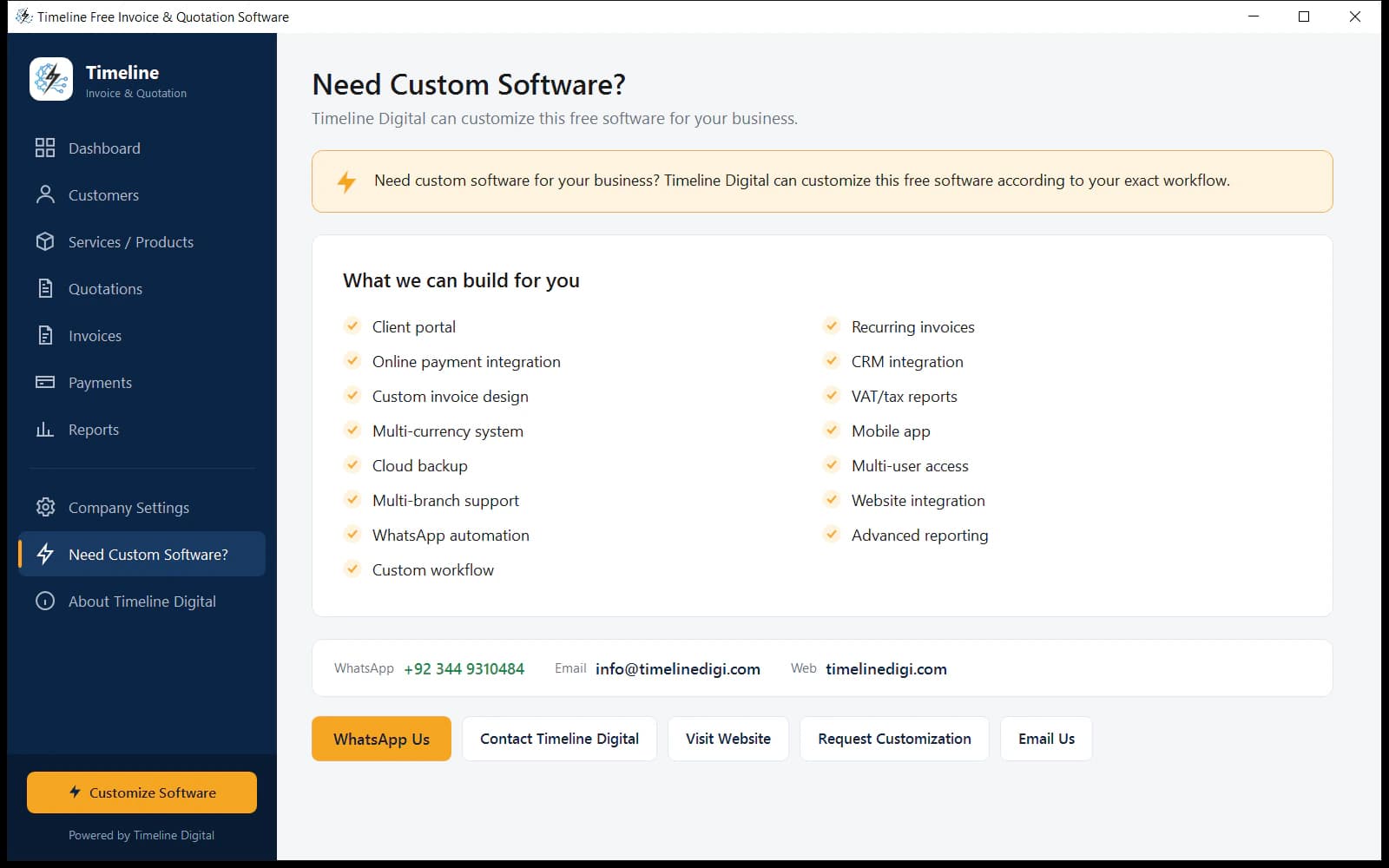 Customization options offered by Timeline Digital with WhatsApp contact