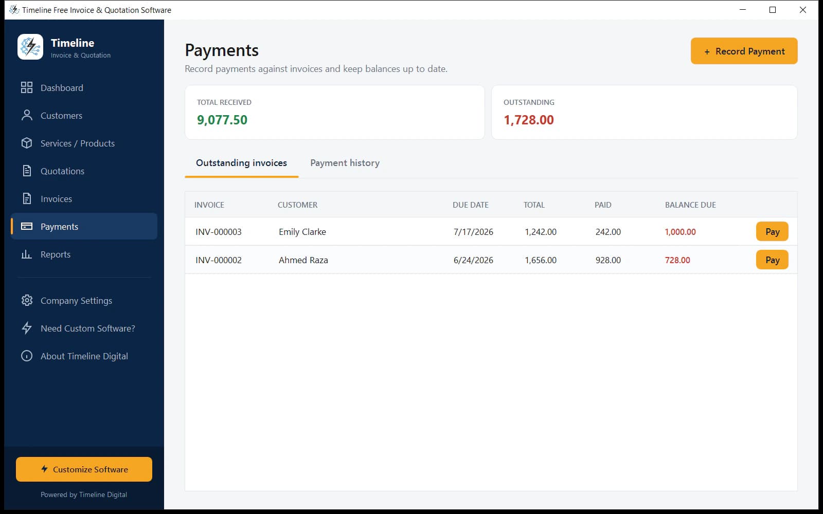 Payments screen showing outstanding invoices with balance due and Pay buttons