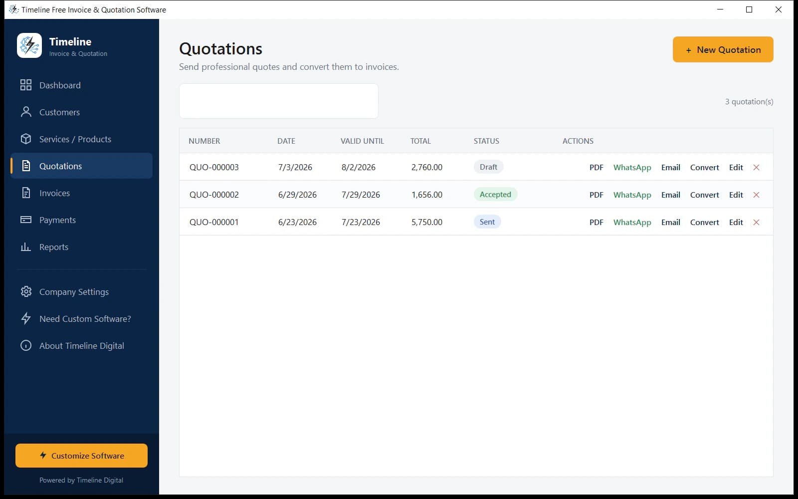 Quotation list in free quotation and invoice software with one-click convert to invoice