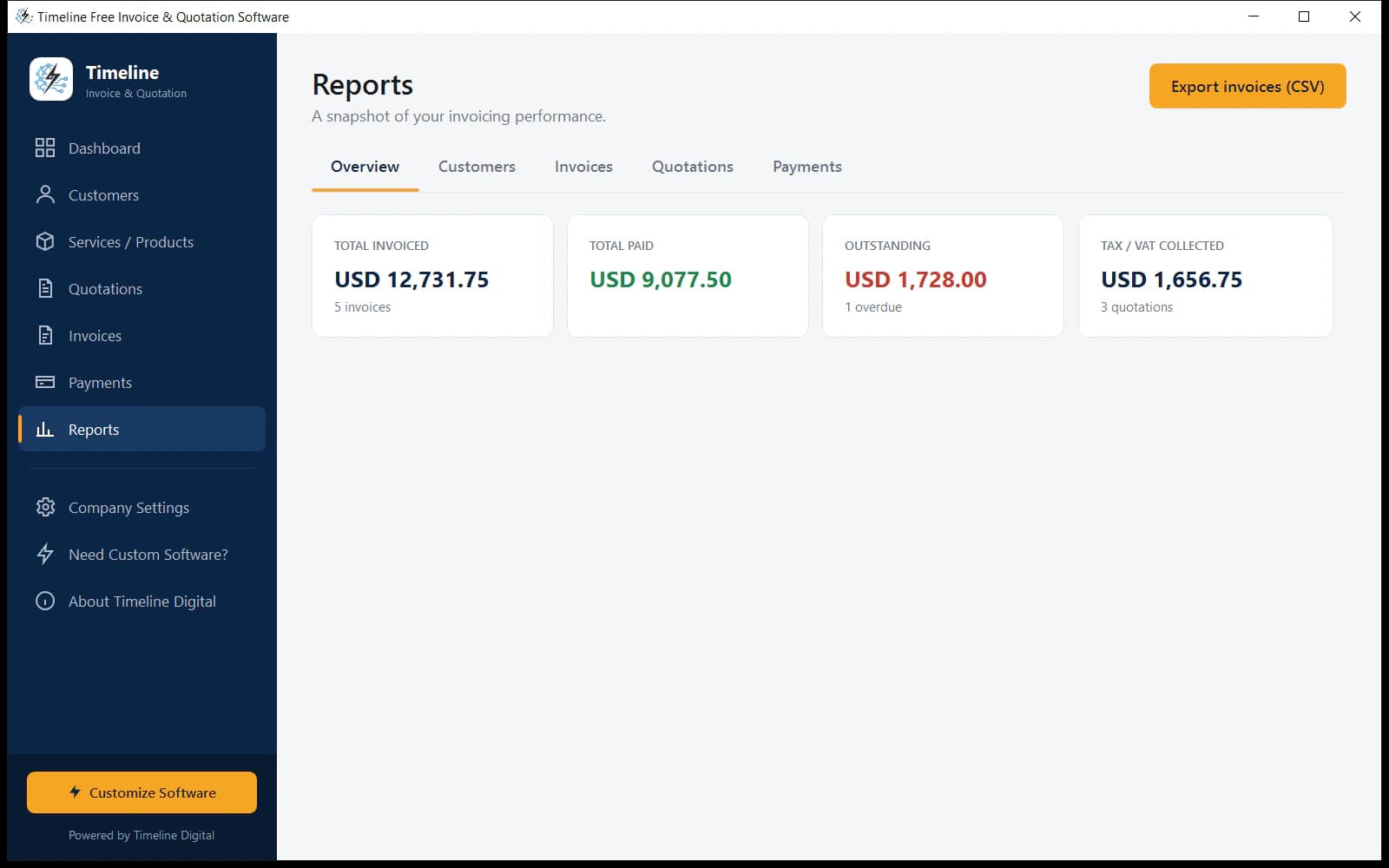 Reports with totals, tax collected and top customers, exportable to CSV