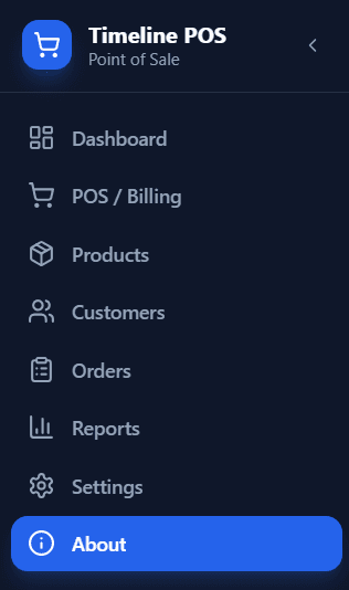 Timeline POS sidebar navigation showing all modules