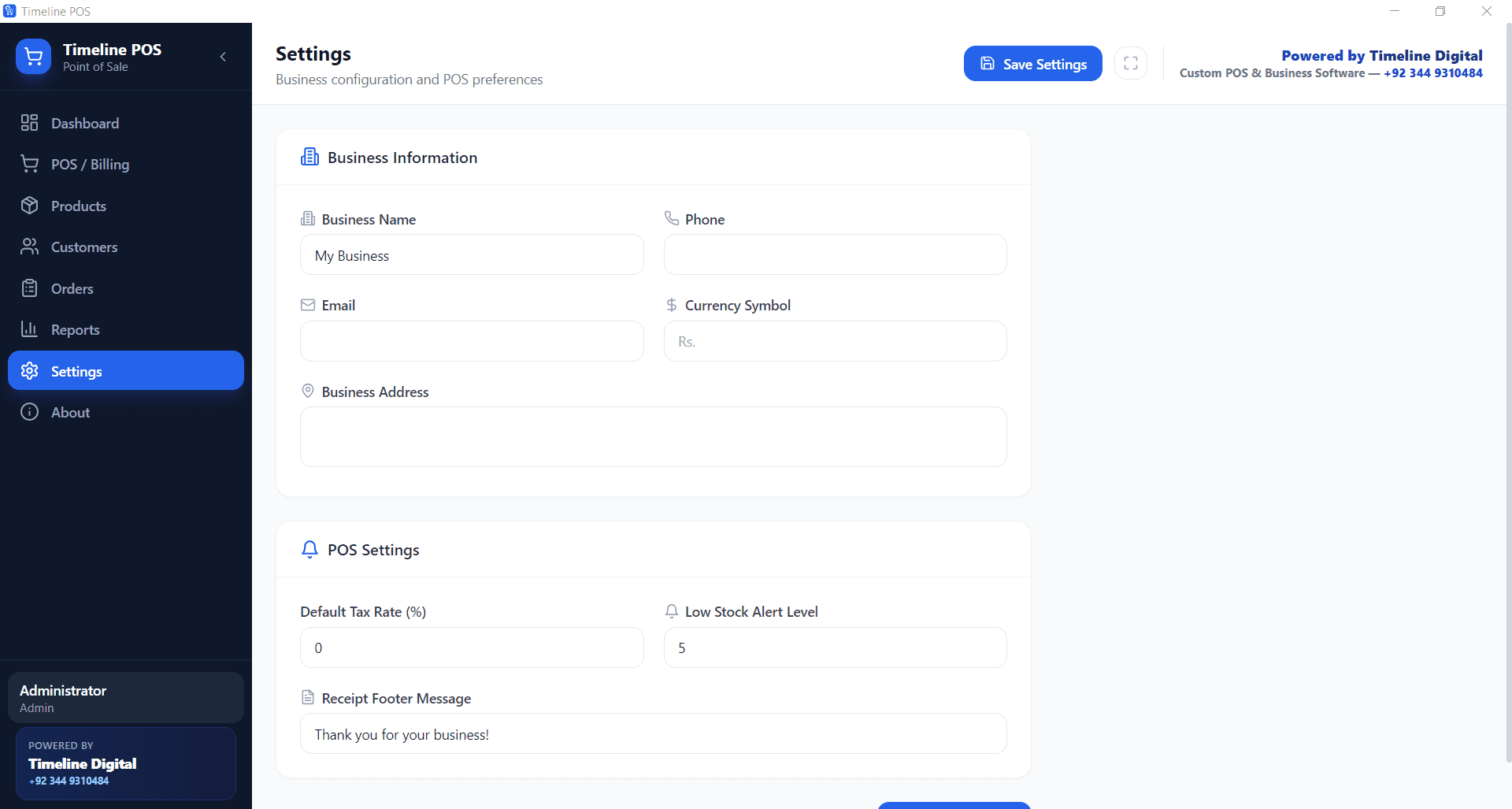 POS settings and business configuration panel