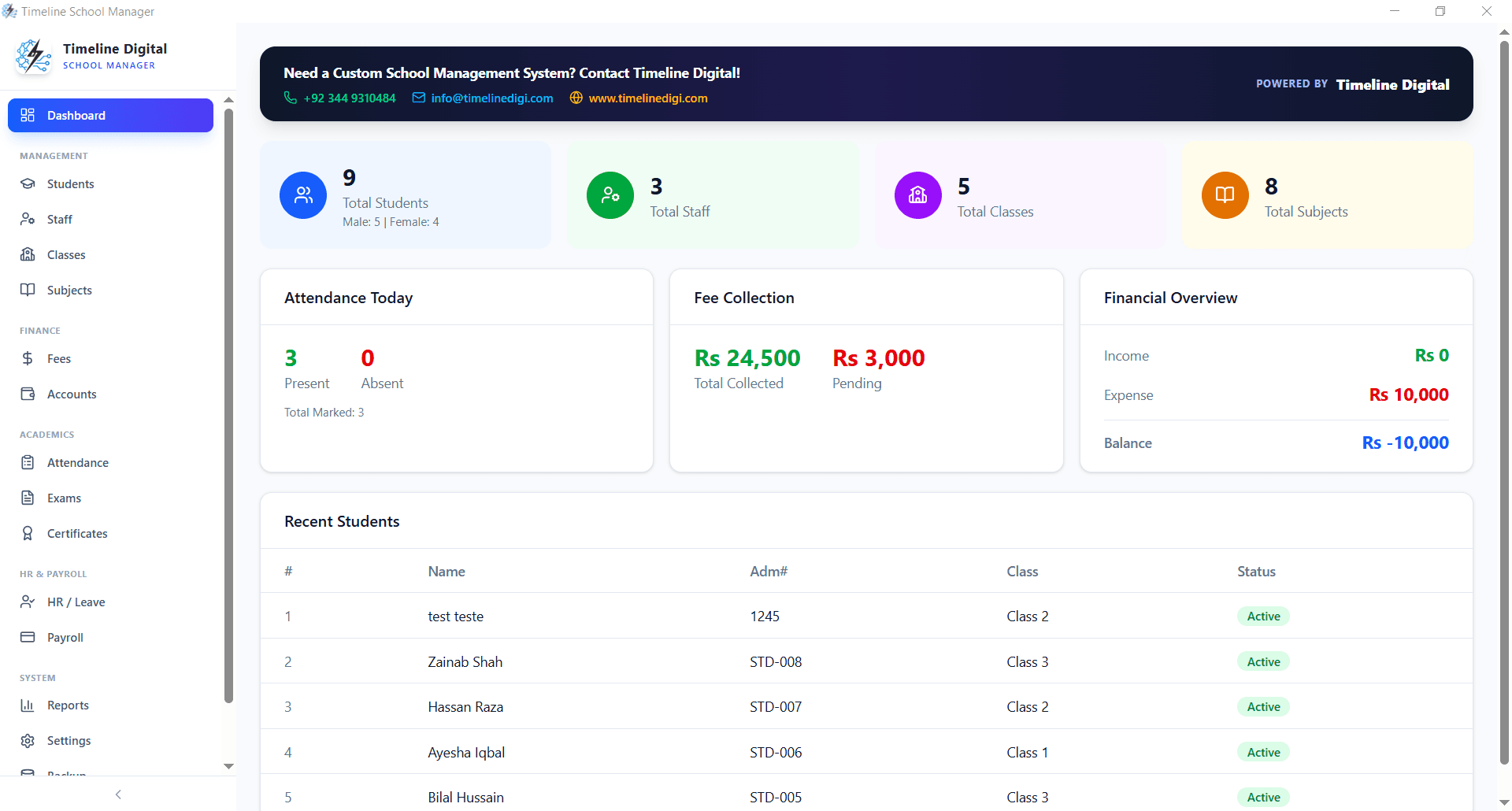 Timeline School Manager dashboard — free school management system