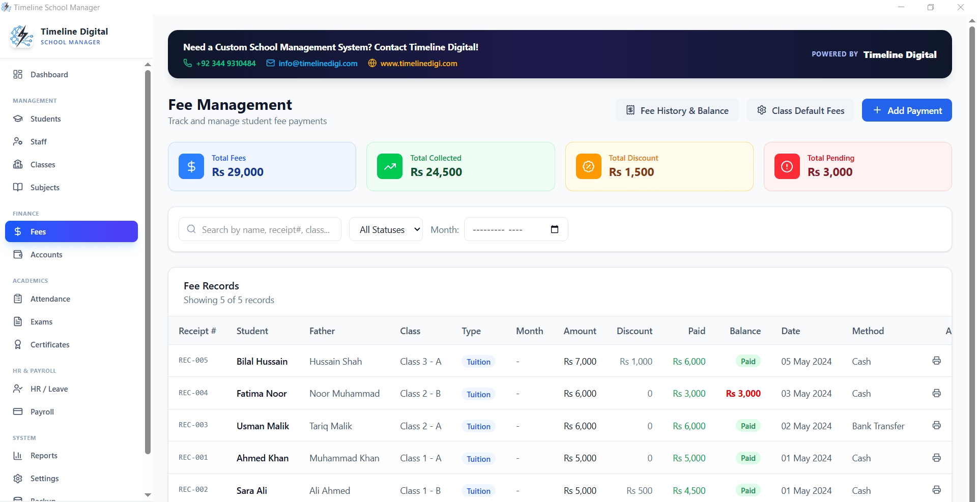 Fee management and accounts module — Timeline School Manager
