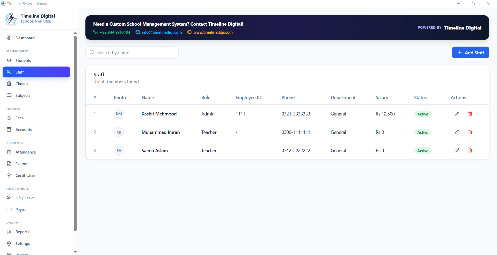 Staff management module — Timeline School Manager