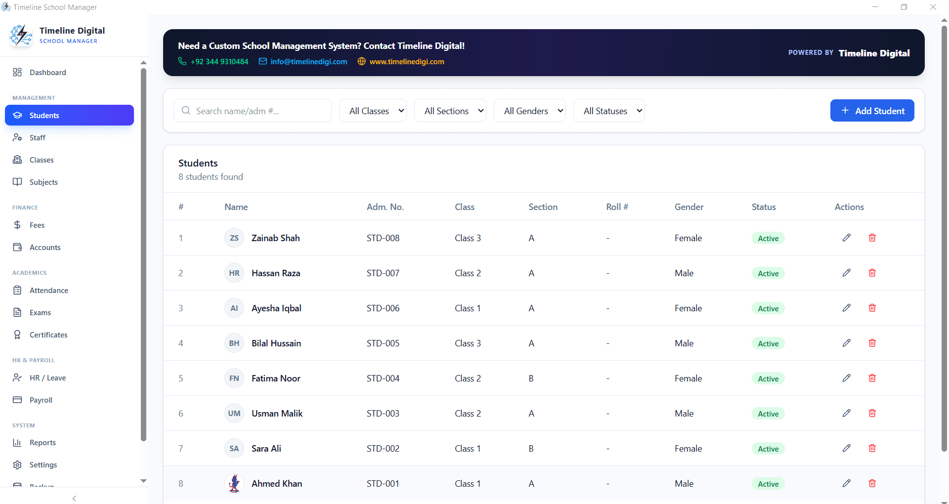 Student management module in Timeline School Manager