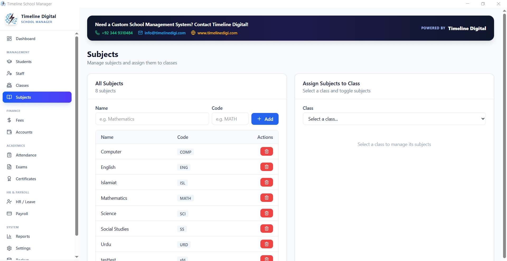 Subject management module — Timeline School Manager