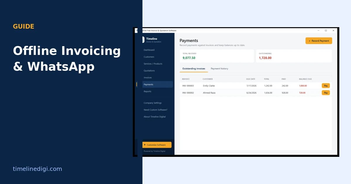 Payments screen tracking outstanding invoices offline in Timeline Invoice for Windows