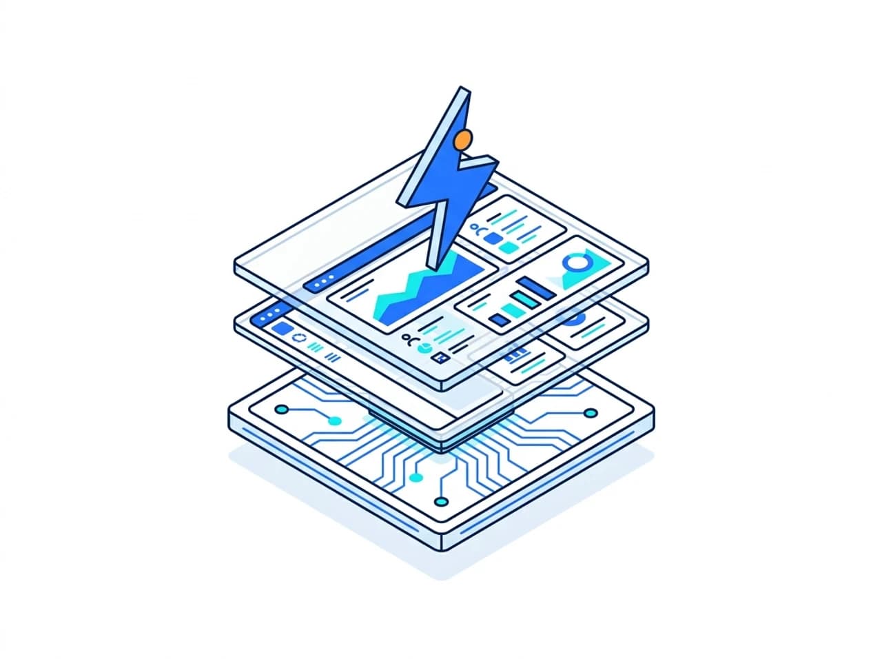 Illustration of software platform layers being assembled on a circuit board, with the Timeline Digital lightning bolt