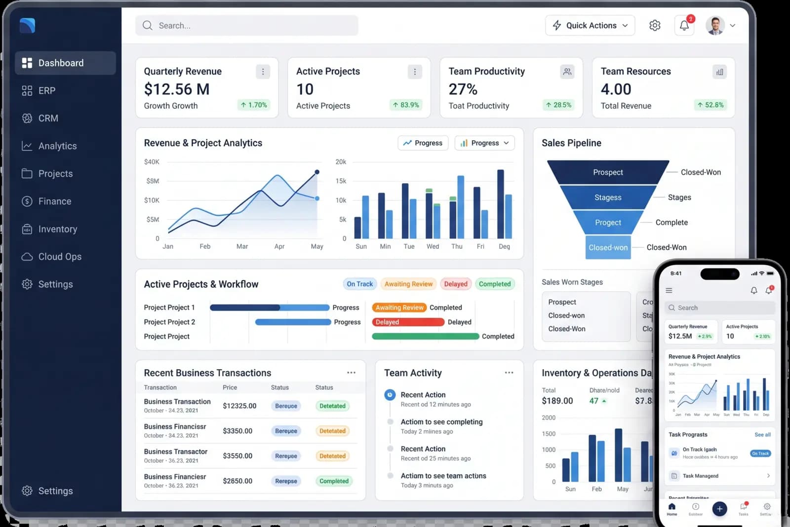 Enterprise ERP and CRM dashboard on tablet with revenue analytics, sales pipeline and team activity, alongside the companion mobile app