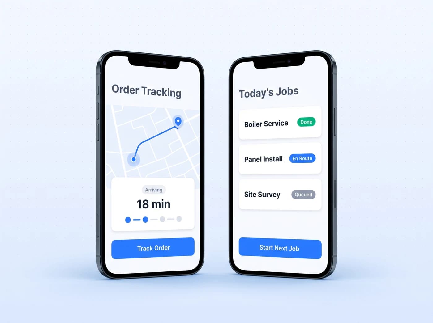 Example order tracking and field jobs mobile screens