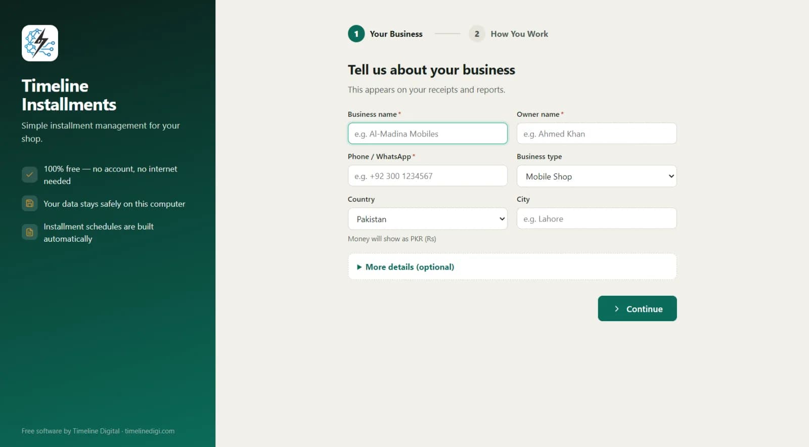 Free installment management software setup wizard asking for business details