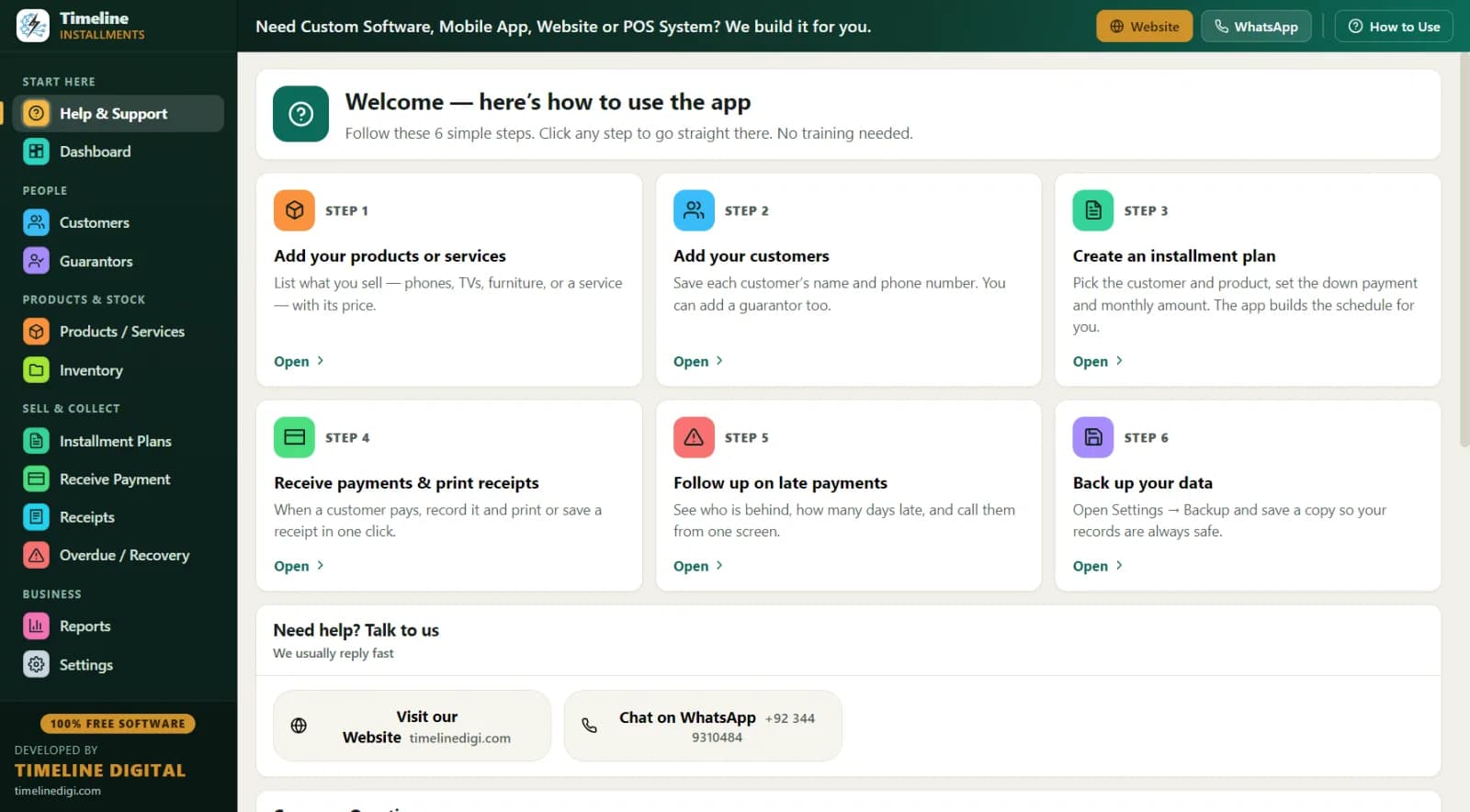 Simple 6-step quick start guide inside the installment software