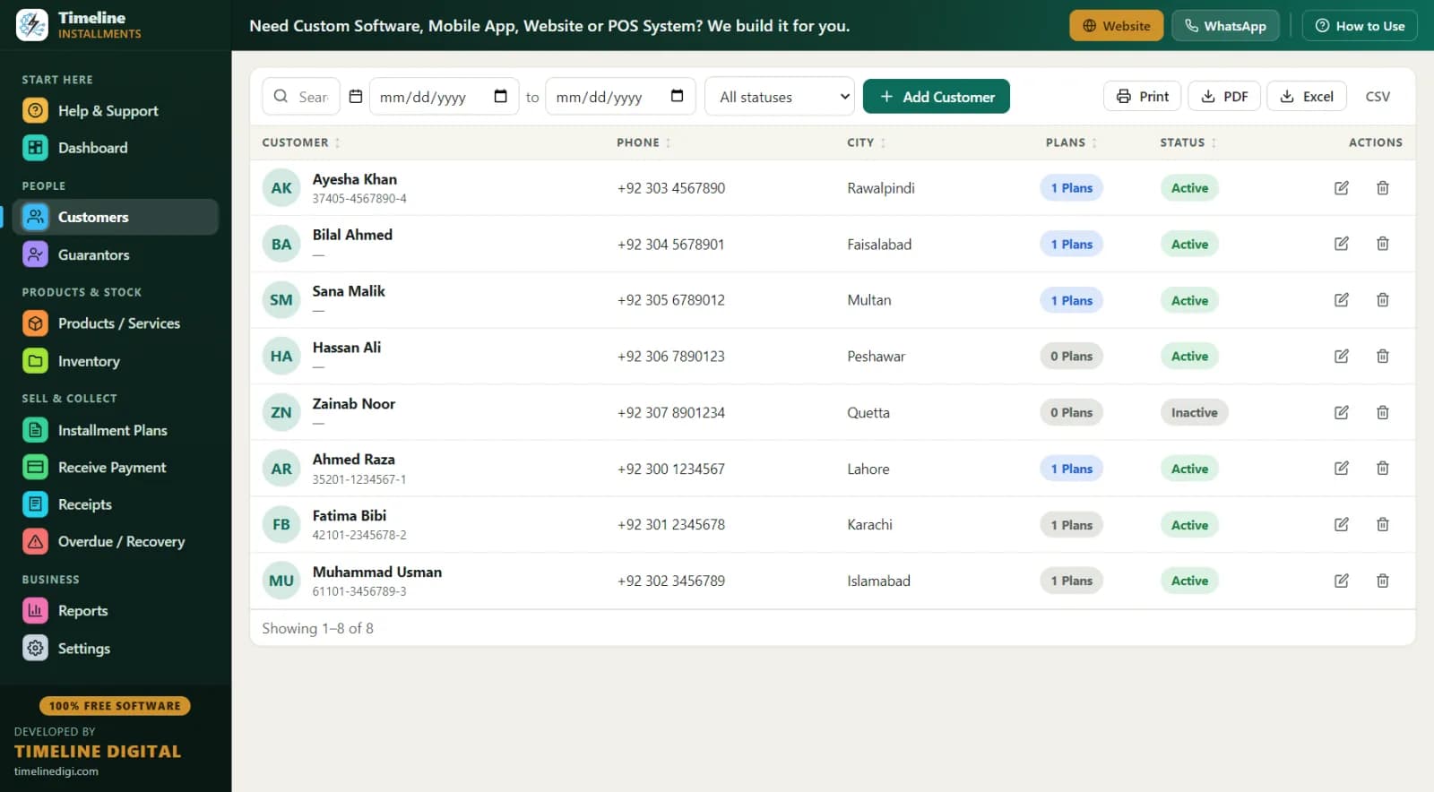 Customer management with ID records and full installment history