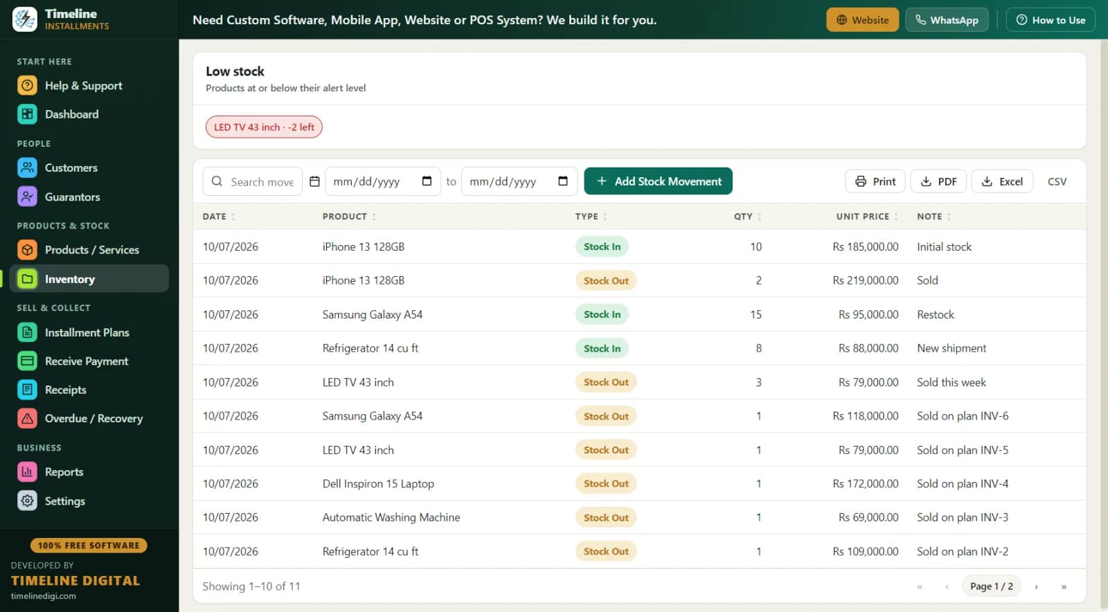 Inventory stock movements tracked automatically on installment sales