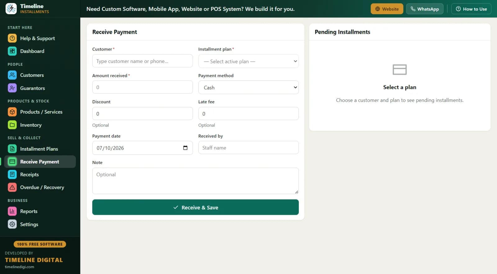 Receiving an installment payment with the next due amount auto-filled
