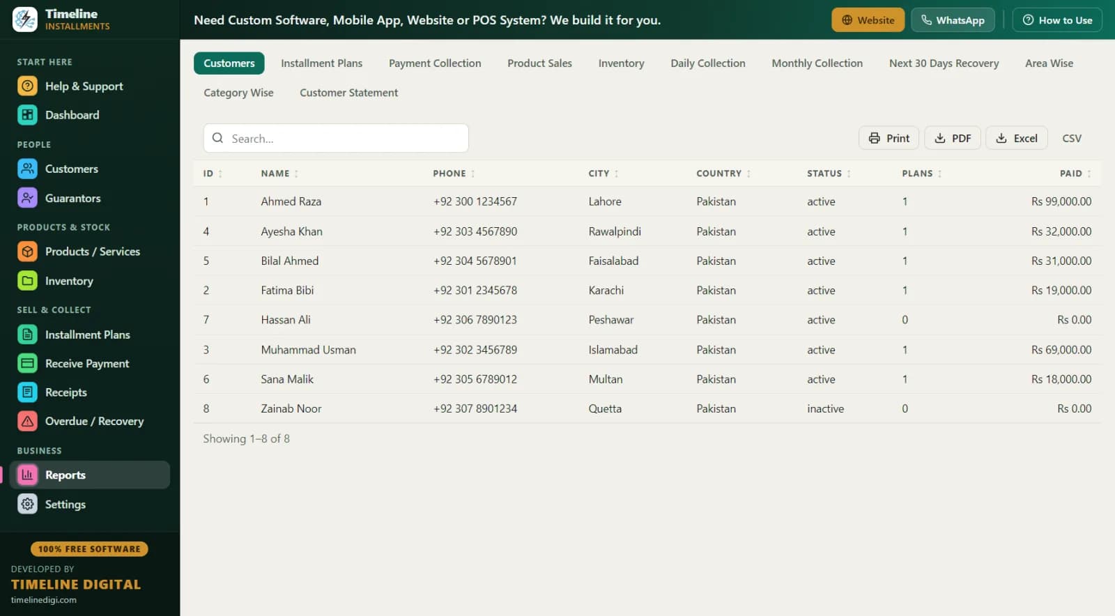Installment business reports with print, PDF, Excel and CSV export