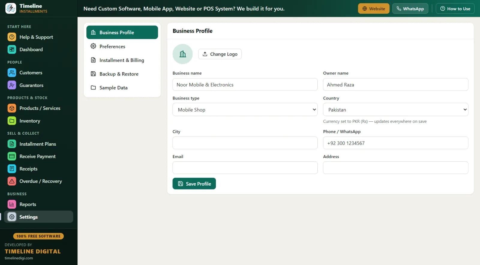 Settings page with backup, restore, currency and receipt options