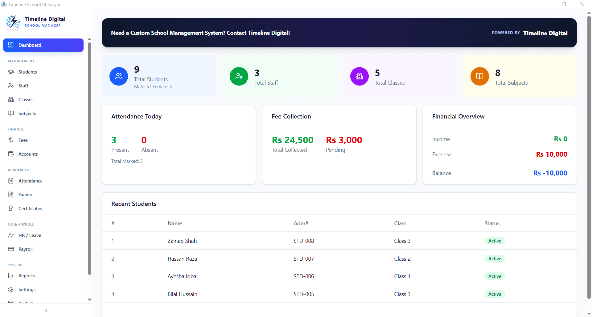 Timeline School Manager dashboard