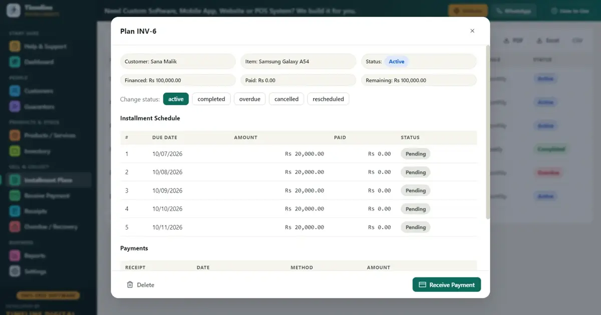Installment price and profit calculation formulas with worked examples for shops, tracked with free installment software