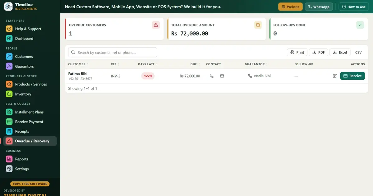 Shop owner reducing overdue installment payments using recovery reports in free installment software