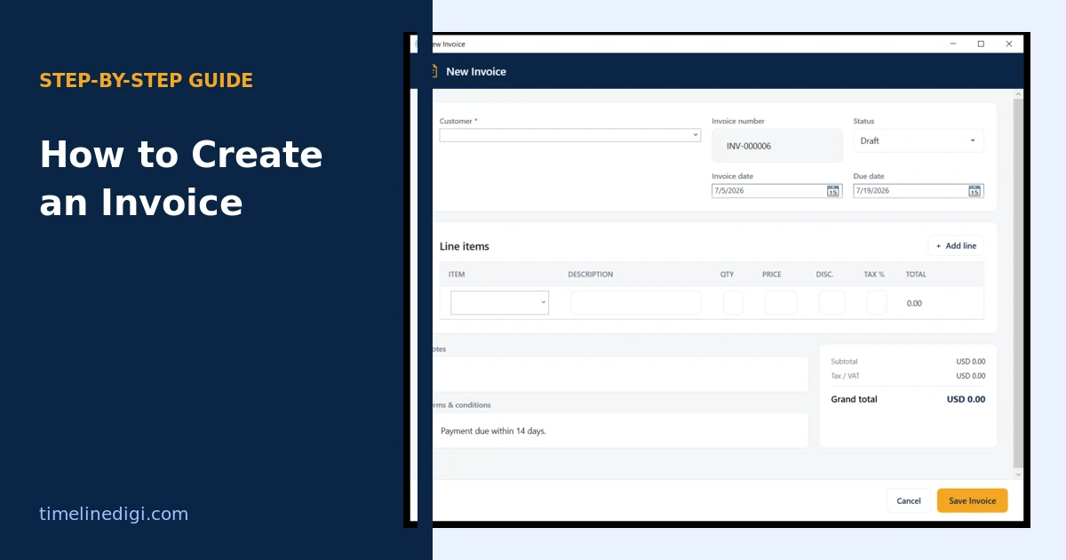 Creating an invoice with line items and live totals in Timeline Invoice for Windows